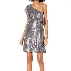 Kensie Dress Silver Sequined One Shoulder Shift